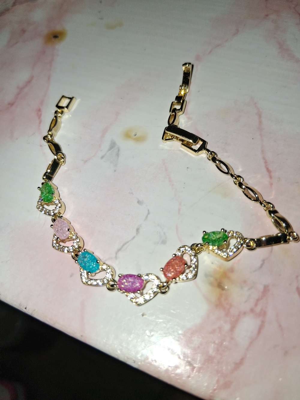 Gold-Tone Multi-Color Heart Link Bracelet